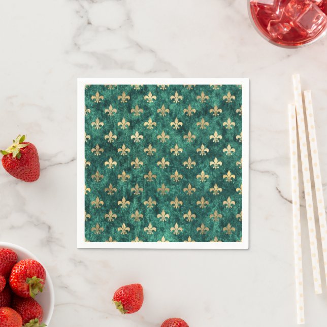 Grunge Green Velvet Fleur De Lis Mardi Gras Napkin (Insitu)