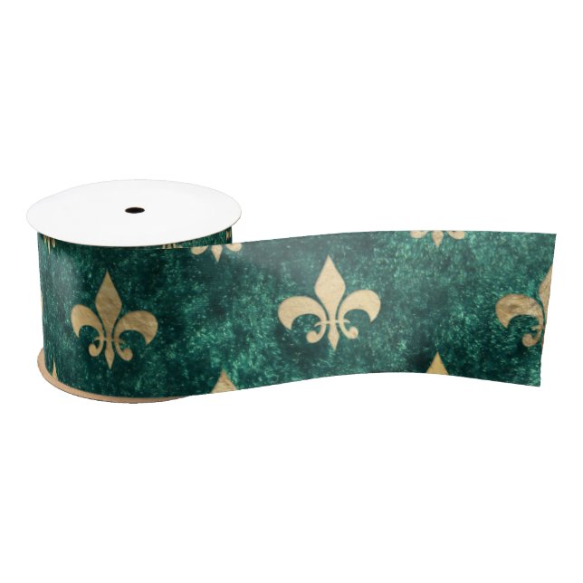Grunge Green Velvet Fleur De Lis Mardi Gras Satin Ribbon (Spool)