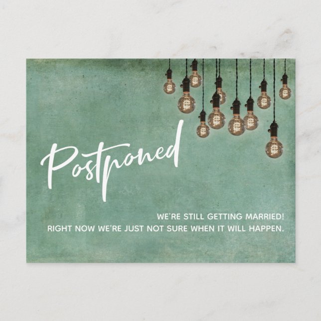 Grunge Green with Edison Lights Postponed Wedding Postcard (Front)