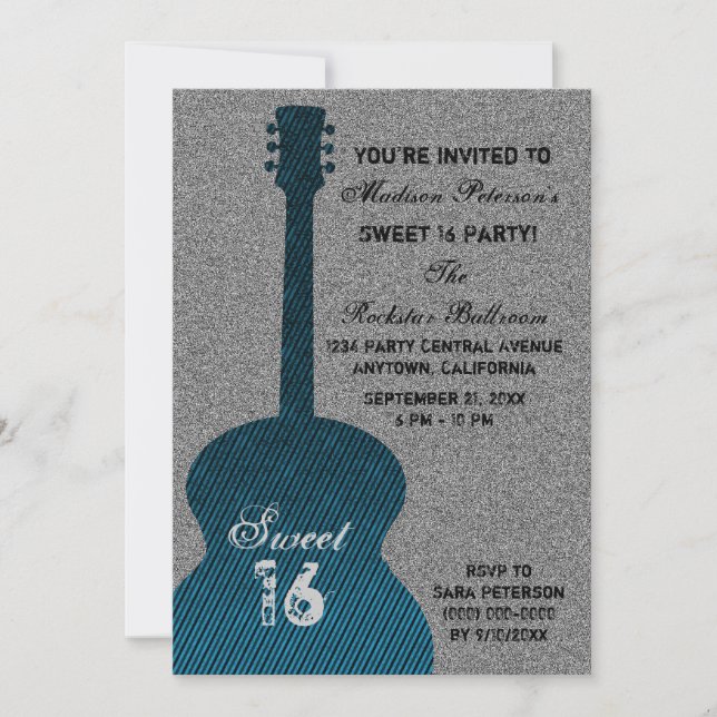 Grunge Guitar Stripes Sweet Sixteen Invite, Blue Invitation (Front)
