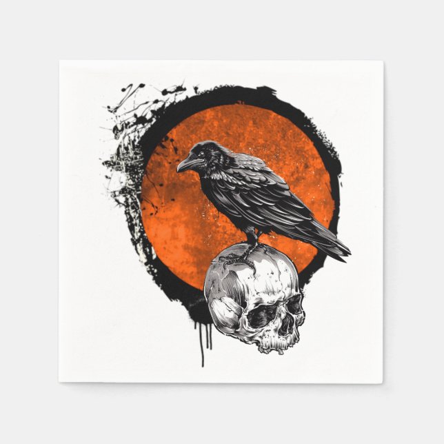 Grunge Halloween Raven & Skull Napkin (Front)