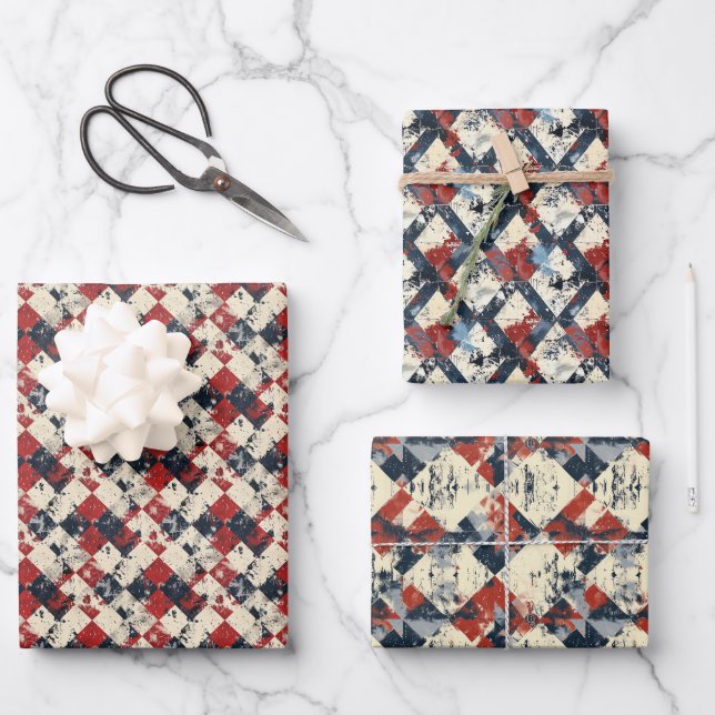 Grunge Harlequin Diamond Pattern Red and Navy Wrapping Paper Sheet (Front)