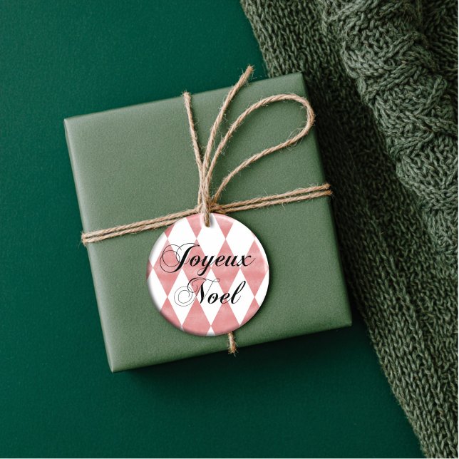 Grunge Harlequin Joyeux Noel Ceramic Ornament (Artistic Dual-Use! Our harlequin ornament doubles as a luxury gift tag.)