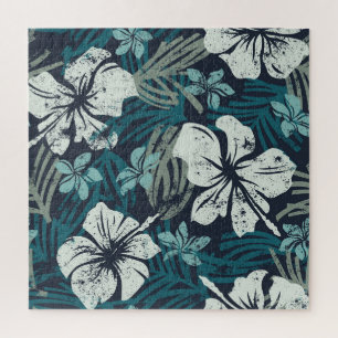 Grunge Hibiscus, Tropical Floral Wallpaper. Jigsaw Puzzle