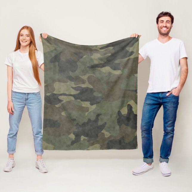 Grunge Khaki Green Camo Custom Fleece Blankets (In Situ)