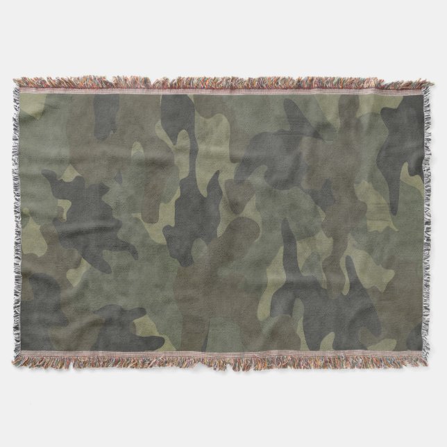 Grunge Khaki Green Camo Woven Throw Blankets (Front)