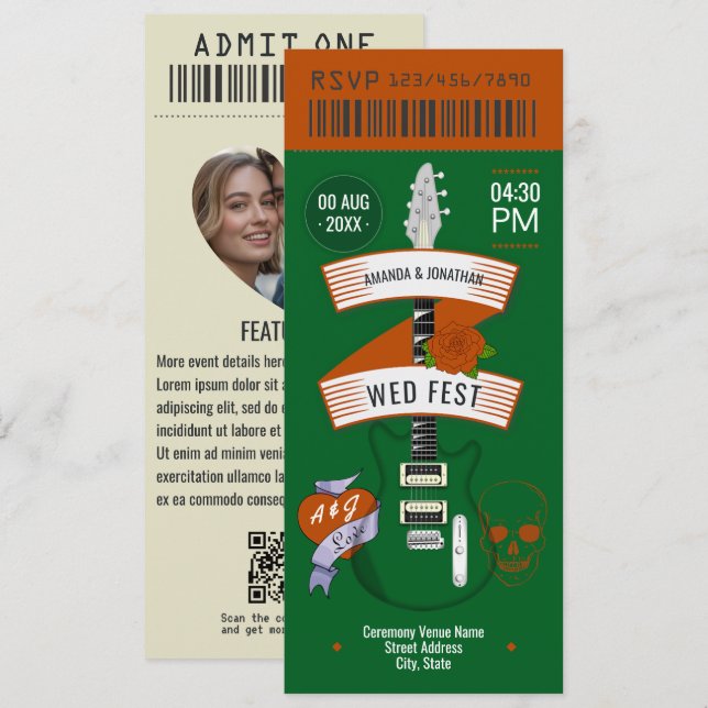 Grunge Love Rock ’n’ Roll Wedding Ticket Invitation (Front/Back)