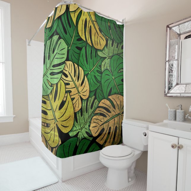 Grunge Monstera Leaves Shower Curtain (In Situ)
