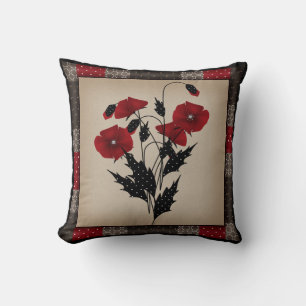 Grunge oldish retro vintage poppies red flowers fl cushion