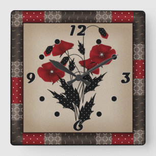 Grunge oldish retro vintage poppies red flowers fl square wall clock