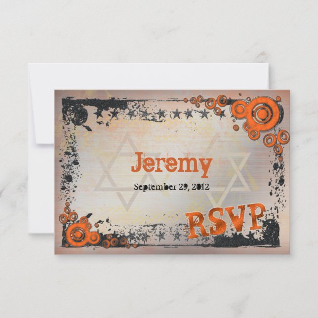 Grunge Orange, Black, Grey Bar Mitzvah RSVP Card (Front)