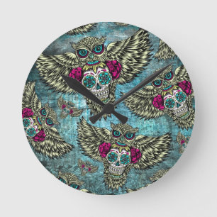 Grunge Owls with sugar skulls Round Clock