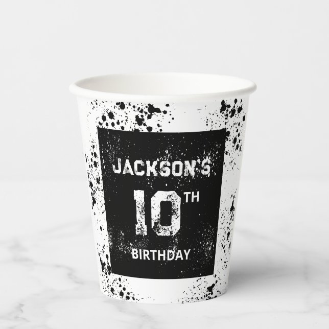 Grunge Paint Splatter Black & White Birthday Paper Cups (Front)