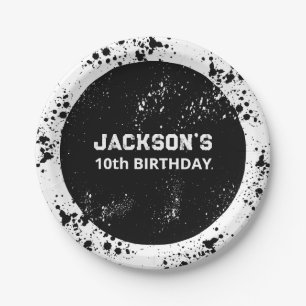 Grunge Paint Splatter Black & White Birthday Paper Plate