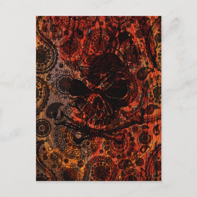Grunge Paisley and Fire Skull and Crossbones Postcard (Front)