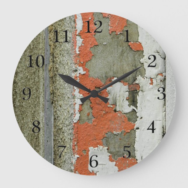 Grunge peeling orange paint on concrete wall large clock (Front)