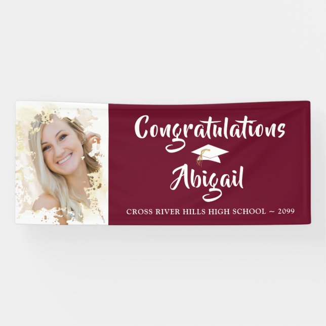 Grunge Photo Frame Brush Script Maroon Graduation Banner (Horizontal)