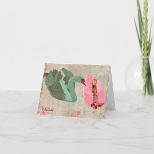 Grunge Pink & Olive Swans Personalised Notecard