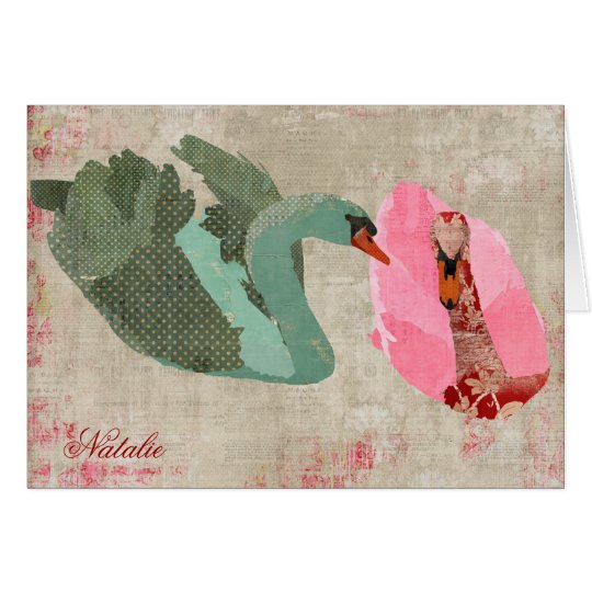 Grunge Pink & Olive Swans Personalised Notecard