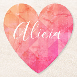 Grunge pink orange watercolor custom name text paper coaster
