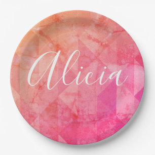 Grunge pink orange watercolor custom name text  paper plate