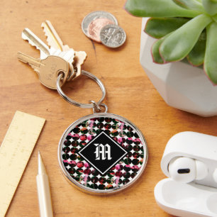 Grunge polka dots Black Red White Abstract. Key Ring
