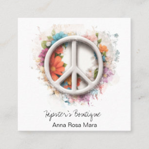 *~* Grunge QR White Peace Sign Flowers Boho AP57 Square Business Card