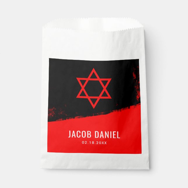 Grunge Red Black Bar Mitzvah Personalised Favour Bag (Front)