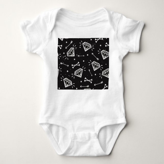 Grunge rock: diamonds, bones pattern. baby bodysuit (Front)