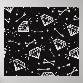 Grunge rock: diamonds, bones pattern. poster