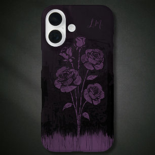 Grunge Roses Black Purple Monogram Custom Name iPhone 16 Case