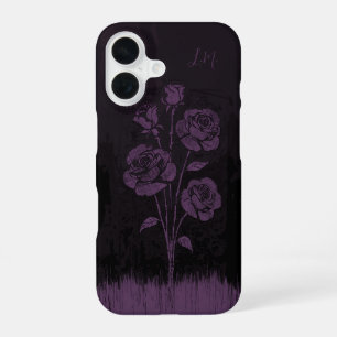 Grunge Roses Black Purple Monogram Custom Name iPhone 16 Case