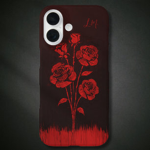 Grunge Roses Black Red Monogram Custom Name iPhone 16 Case