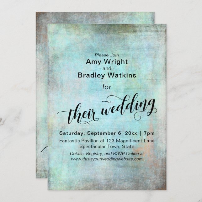 Grunge, Rustic Aqua Their Wedding Calligraphy Invitation (Front/Back)