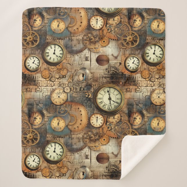 Grunge Rustic Steampunk Clock (10) Sherpa Blanket (Front)