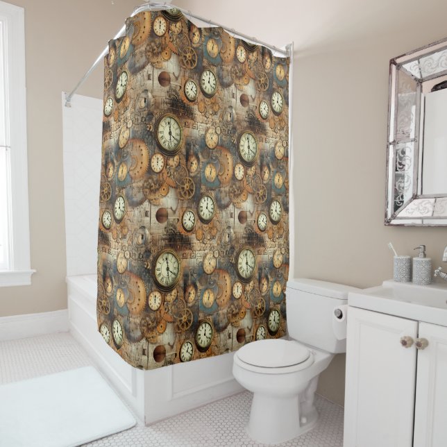 Grunge Rustic Steampunk Clock (10) Shower Curtain (In Situ)
