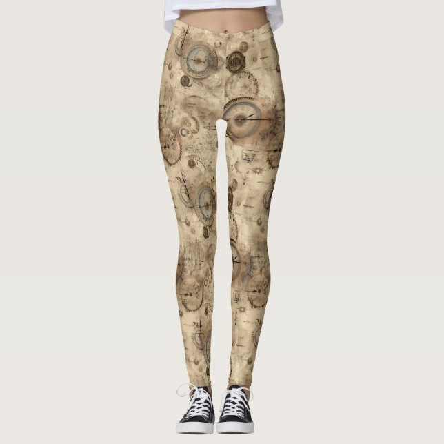 Grunge Rustic Steampunk Clock (11) Leggings (Front)