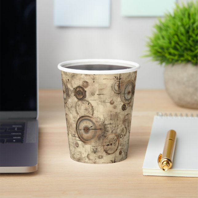 Grunge Rustic Steampunk Clock (11) Paper Cups (Insitu)