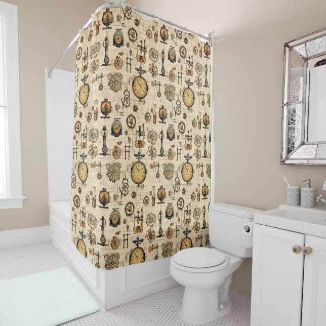 Grunge Rustic Steampunk Clock (13) Shower Curtain (In Situ)