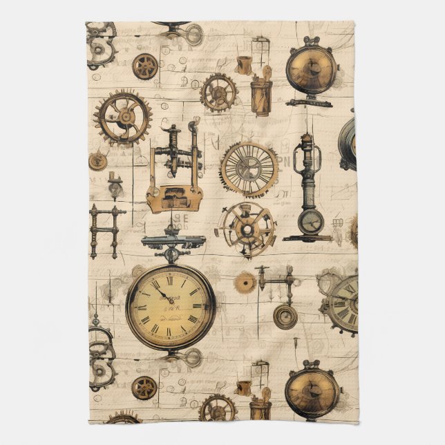 Grunge Rustic Steampunk Clock (13) Tea Towel (Vertical)