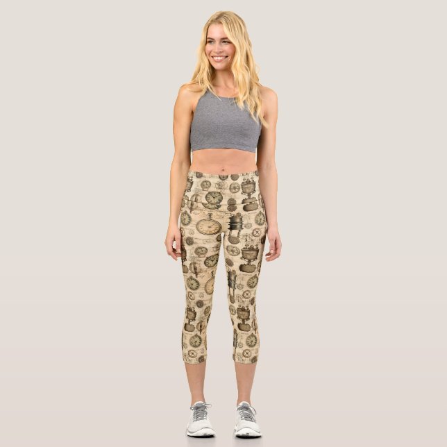 Grunge Rustic Steampunk Clock (14) Capri Leggings (Front)