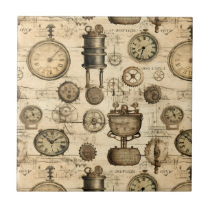 Grunge Rustic Steampunk Clock (14) Ceramic Tile