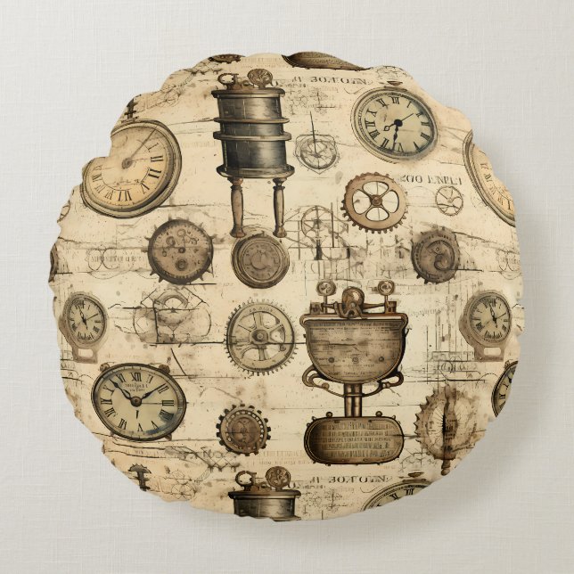 Grunge Rustic Steampunk Clock (14) Round Cushion (Front)