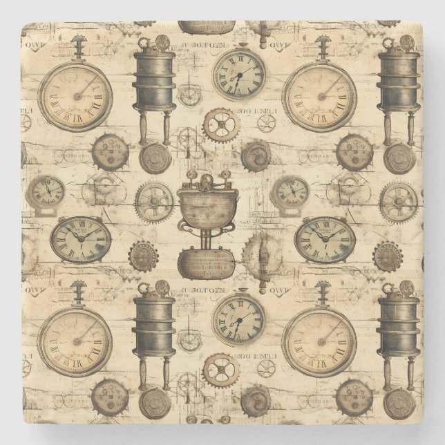 Grunge Rustic Steampunk Clock (14) Stone Coaster (Front)
