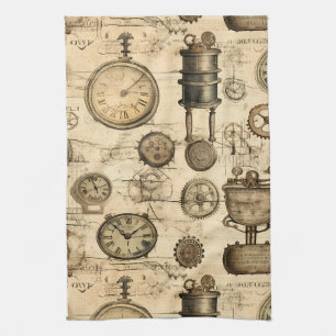 Grunge Rustic Steampunk Clock (14) Tea Towel