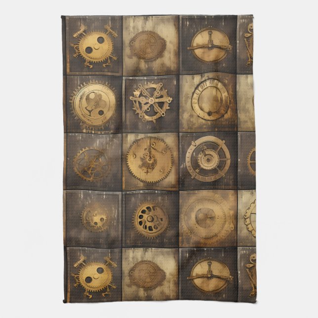 Grunge Rustic Steampunk Clock (15) Tea Towel (Vertical)
