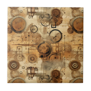 Grunge Rustic Steampunk Clock (1) Ceramic Tile