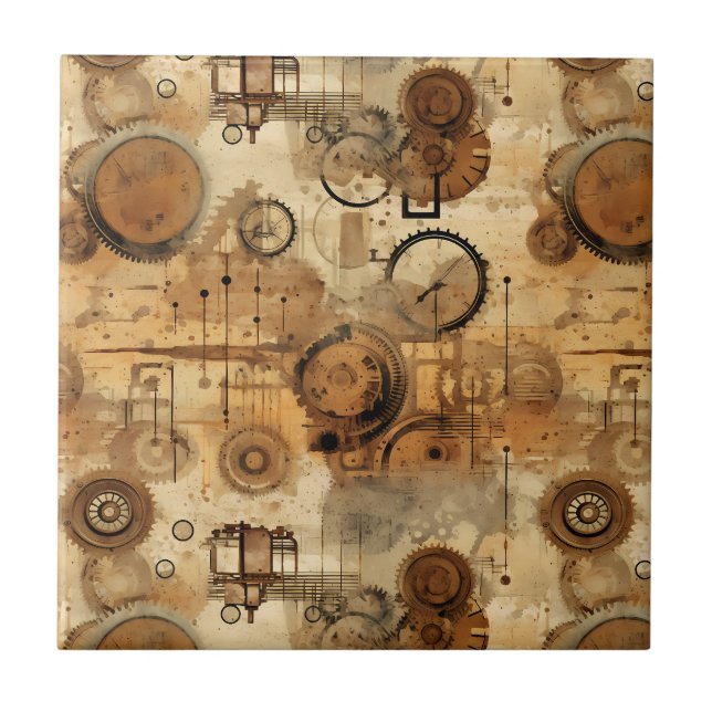 Grunge Rustic Steampunk Clock (1) Ceramic Tile (Front)