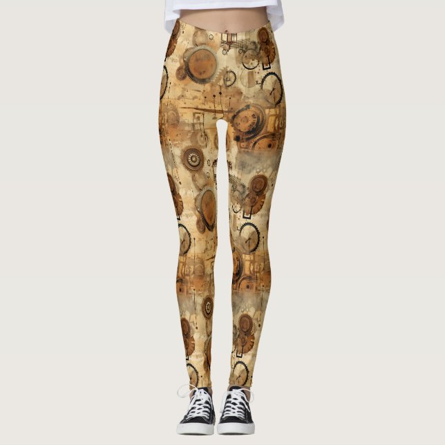 Grunge Rustic Steampunk Clock (1) Leggings (Front)