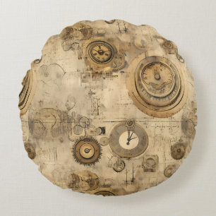 Grunge Rustic Steampunk Clock (2) Round Cushion